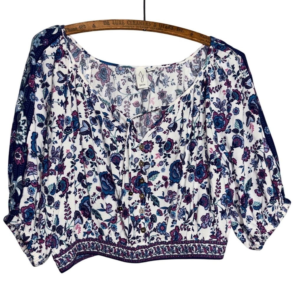 Joie M Floral Peasant Blouse Blue Purple Boho Cropped Smocked Top Cottagecore